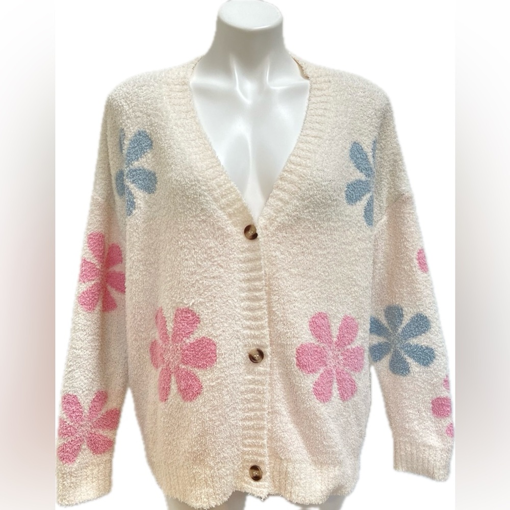 DRESS UP FLORAL DAISY PINK BLUE OVERSIZED SOFT COTTAGE GRANNY BOHO CARDIGAN